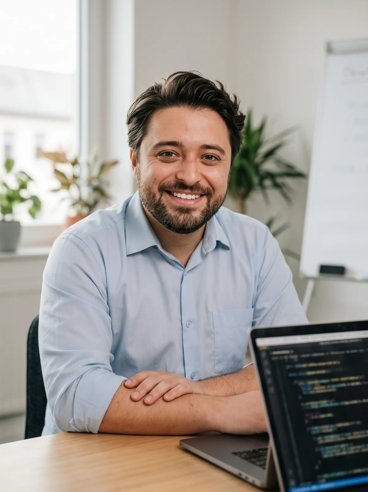 Burak Karaman am Schreibtisch mit Laptop